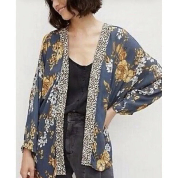 Anthropologie Anderson & Lauth Kimono Womens One Size Blue Gold Floral Cardigan - Picture 11 of 16